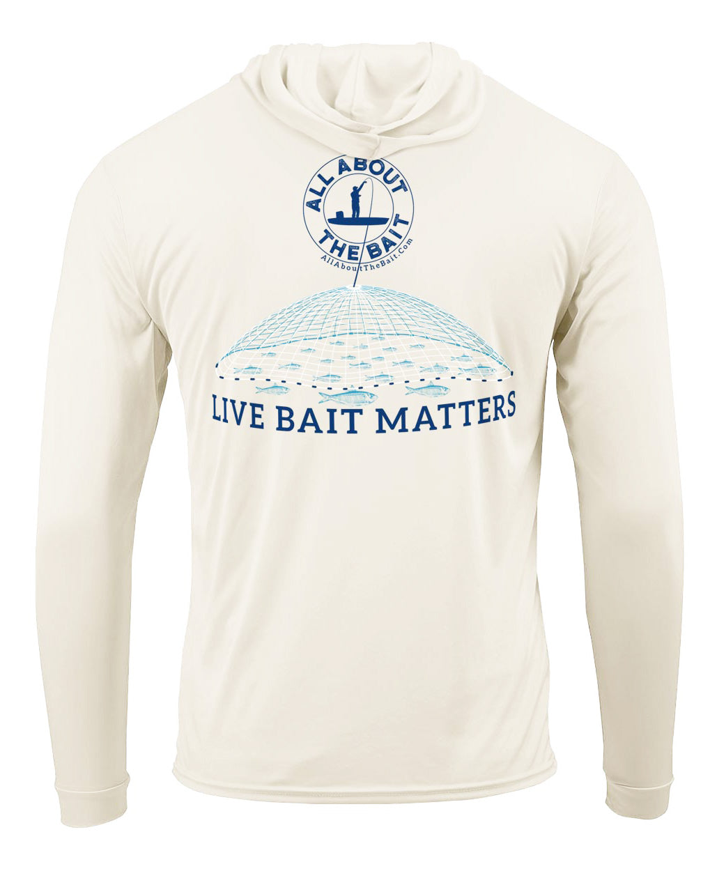 (FREE MASK) LIVE BAIT MATTERS HOODED - SAND - 50+ UPF - Long Sleeve Performance Shirt - 100% Polyester - FREE DELIVERY