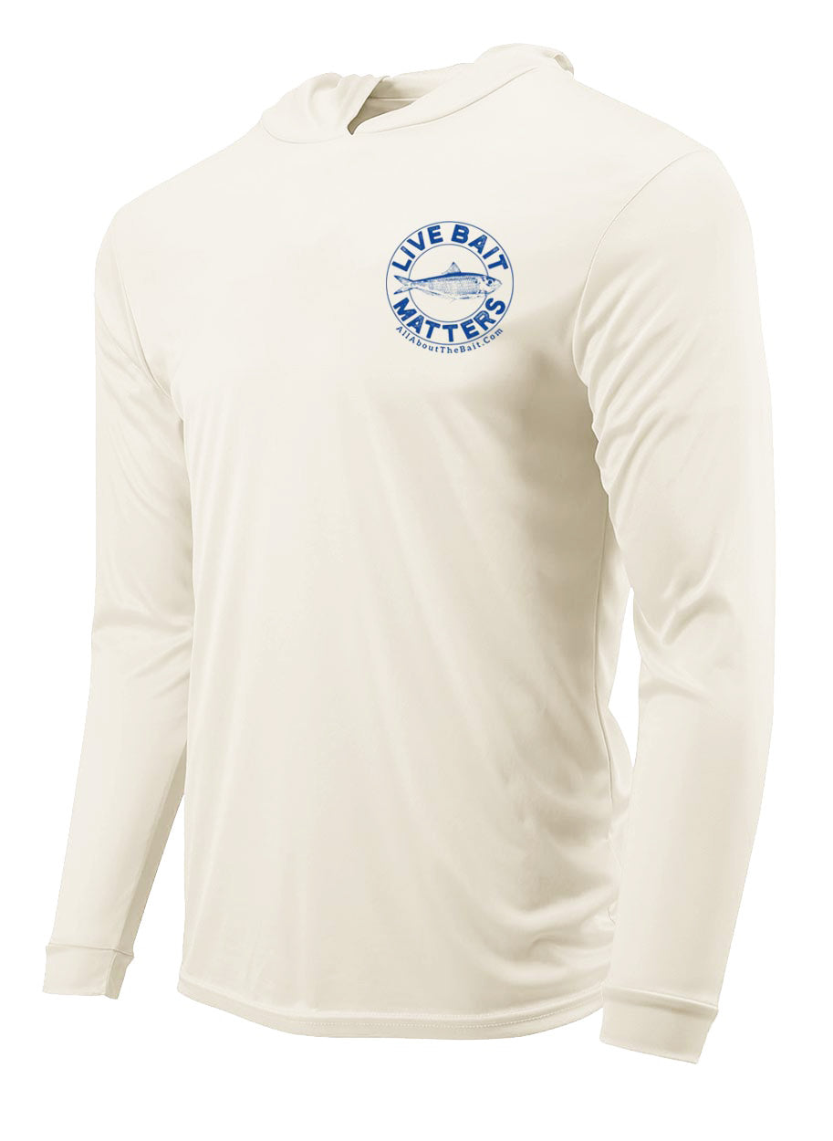 (FREE MASK) LIVE BAIT MATTERS HOODED - SAND - 50+ UPF - Long Sleeve Performance Shirt - 100% Polyester - FREE DELIVERY