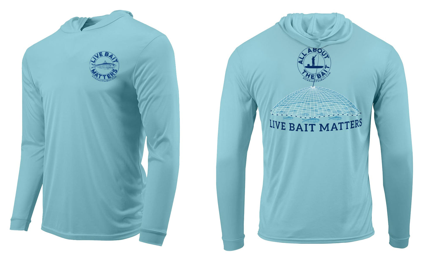 (FREE MASK) LIVE BAIT MATTERS HOODED - Aqua Blue - 50+ UPF - Long Sleeve Performance Shirt - 100% Polyester - FREE DELIVERY (Copy)