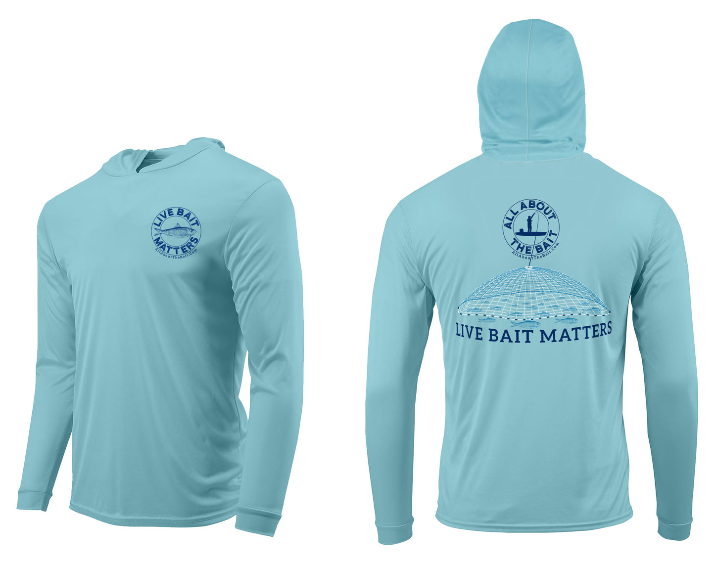 (FREE MASK) LIVE BAIT MATTERS HOODED - Aqua Blue - 50+ UPF - Long Sleeve Performance Shirt - 100% Polyester - FREE DELIVERY (Copy)