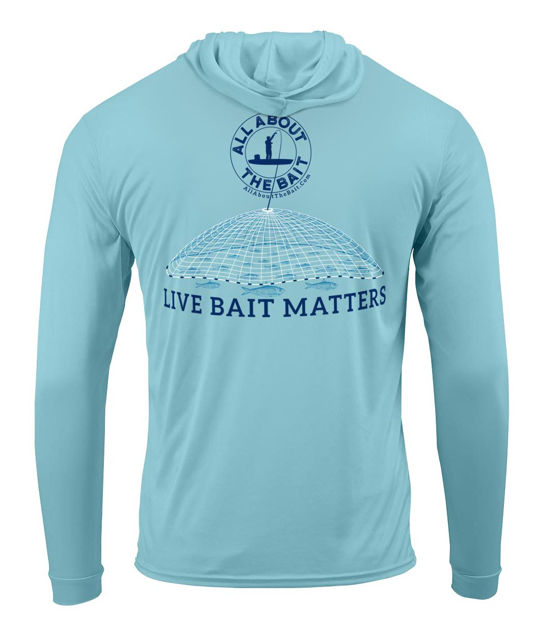 (FREE MASK) LIVE BAIT MATTERS HOODED - Aqua Blue - 50+ UPF - Long Sleeve Performance Shirt - 100% Polyester - FREE DELIVERY (Copy)